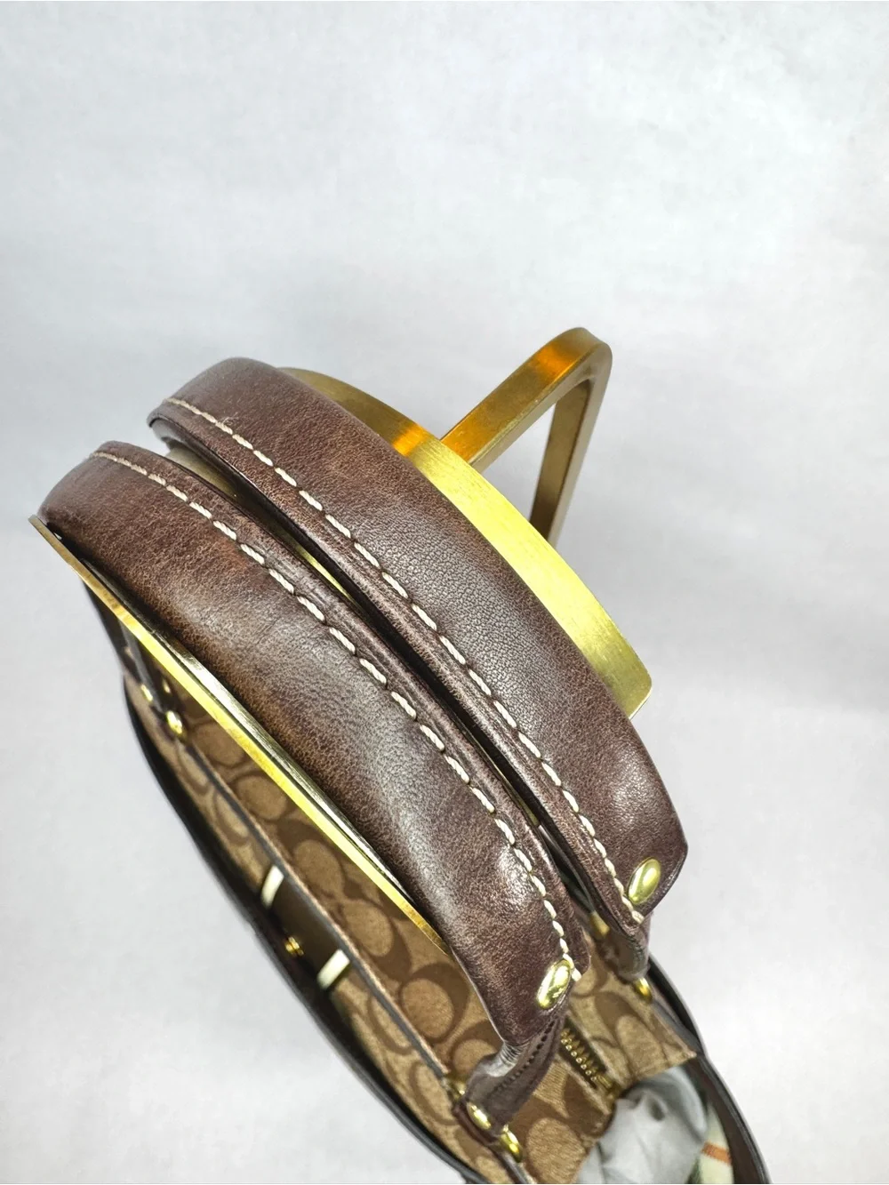 Coach Signature Stripe Tote Bag Brown Jacquard Canvas & Leather Shoulder Bag